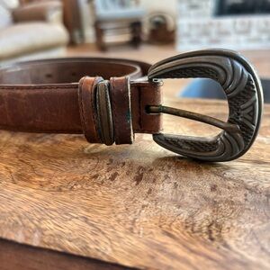 Vintage Brown Leather Belt with Ornate Buckle and Embellishments • Medium
